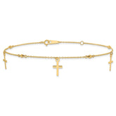 14k Real Yellow Gold High Polished and Diamond-cut Cross Anklet, 9 to 11 Adjustable